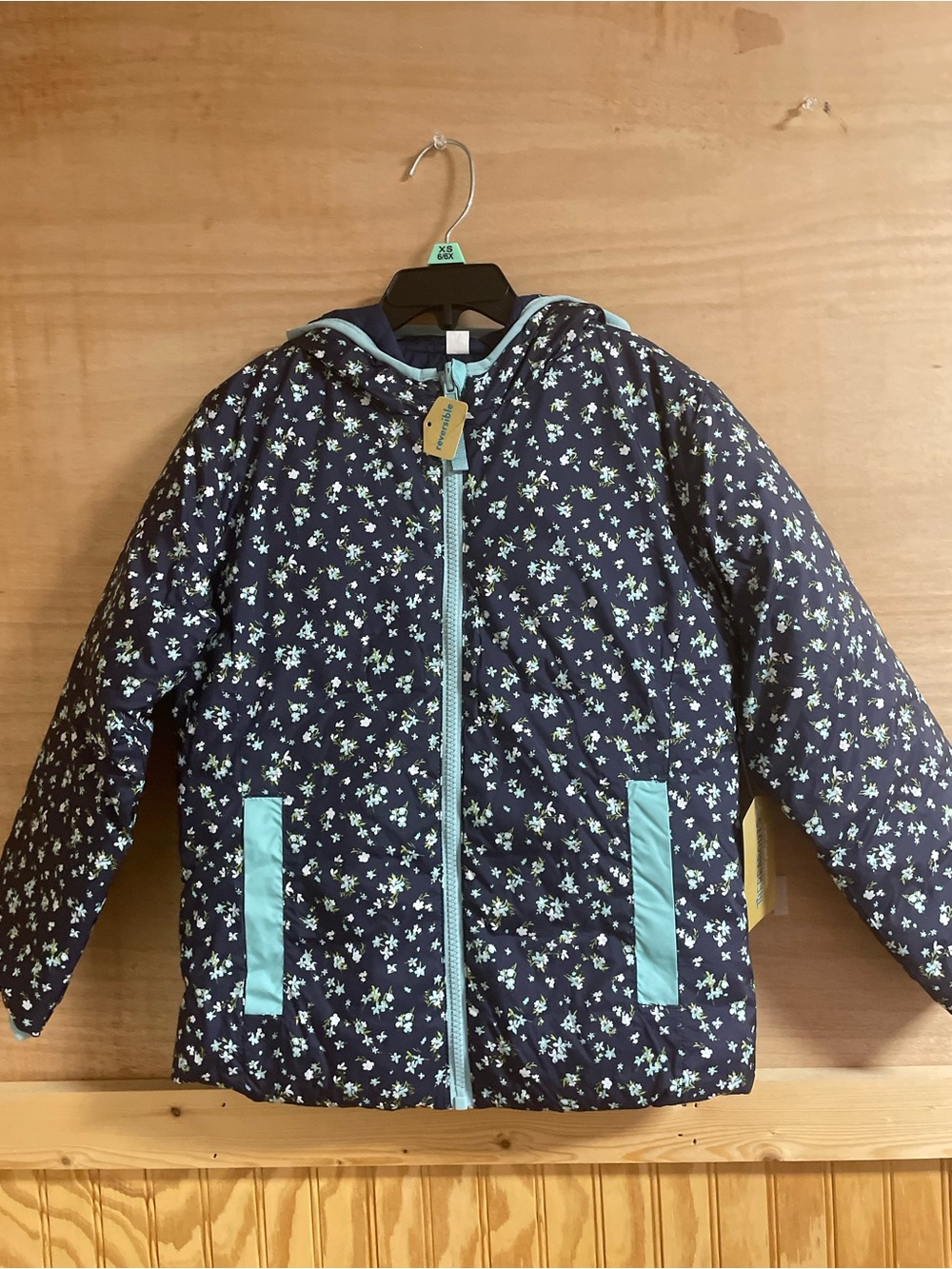 Girls' Navy Floral Hooded Jacket with Mint Trim